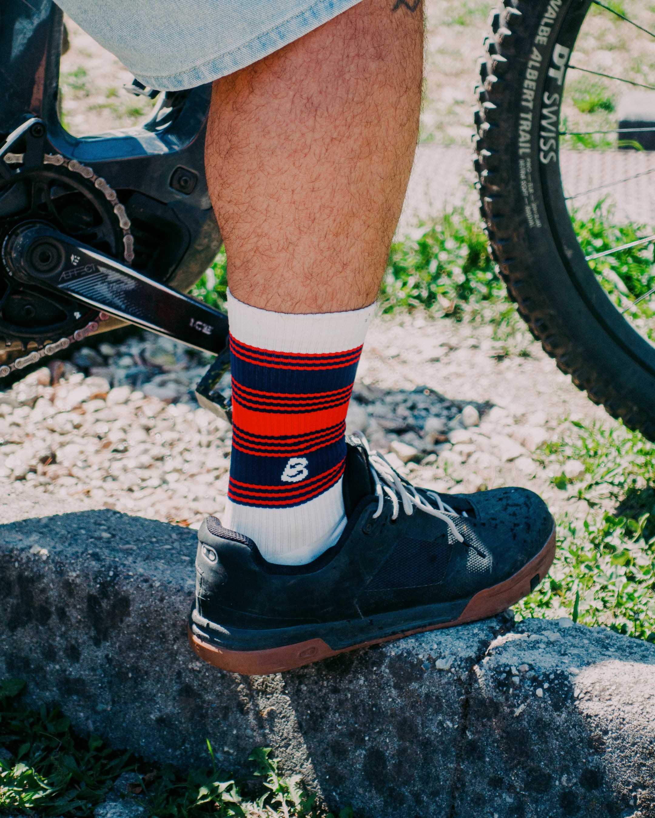 Detail of the Bikeflip logo on an Oxeego technical sock
